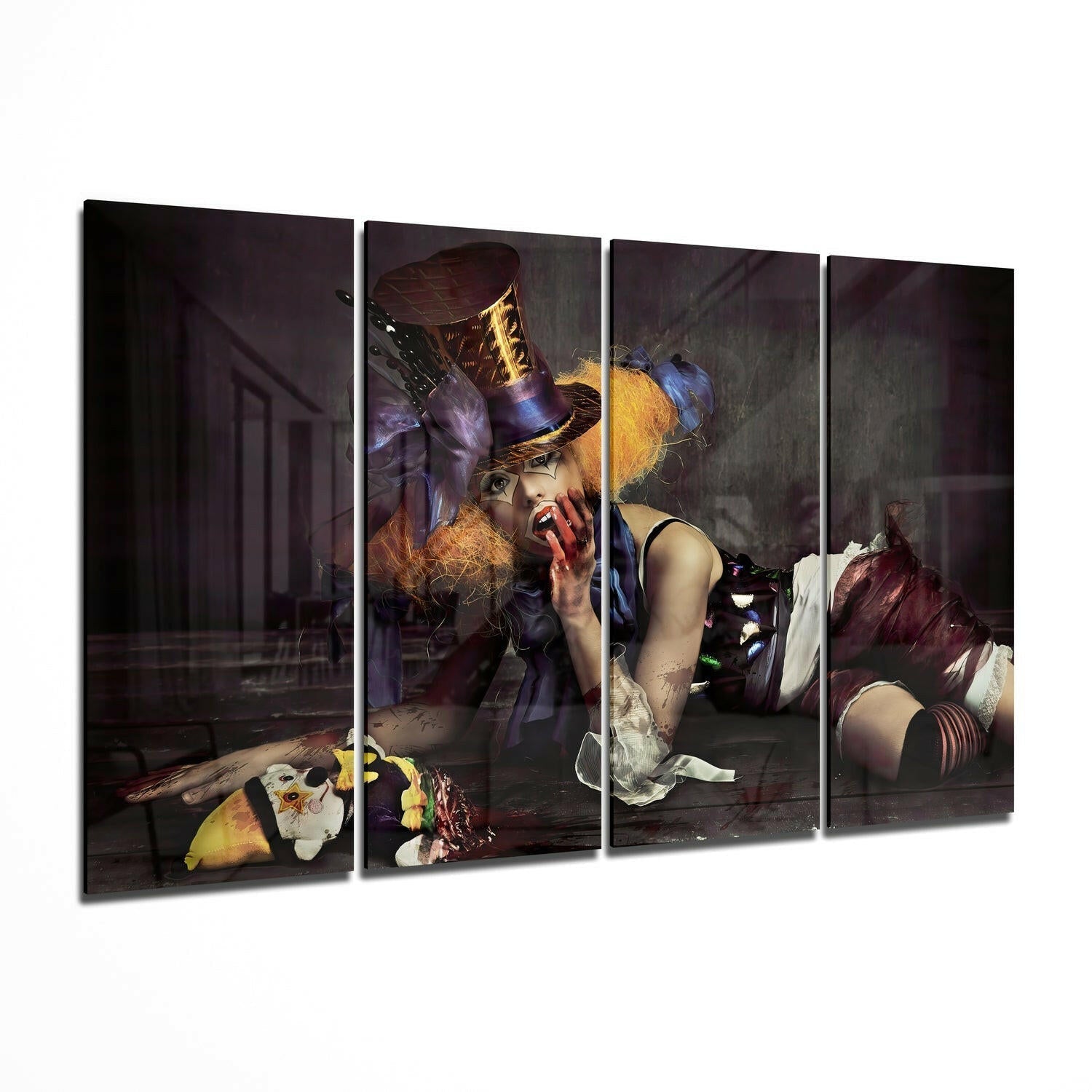 Insigneart USA Woman Clown 4 Pieces Mega Glass Wall Art (59"x36")