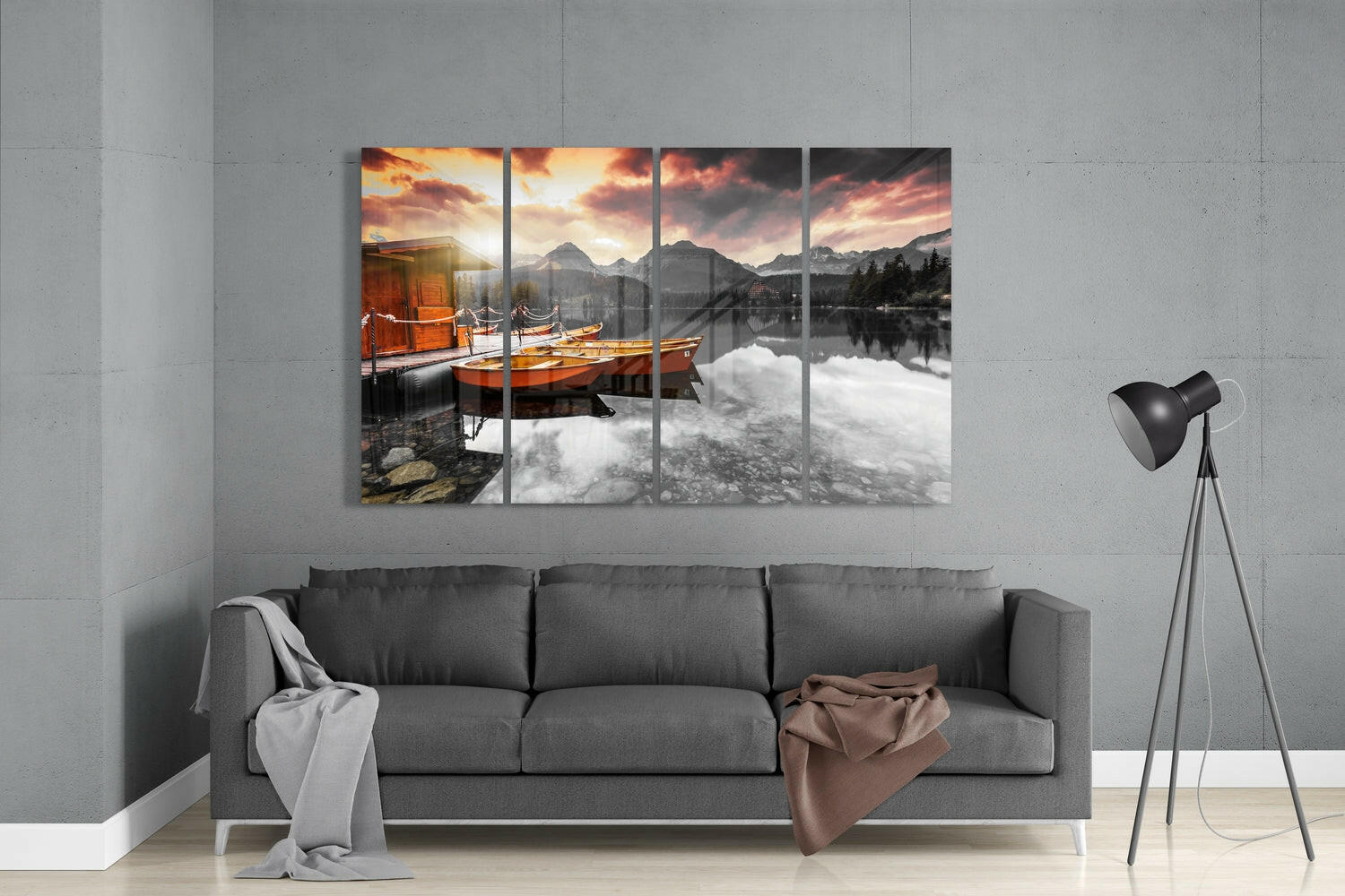 Insigneart USA Sunset and Boats 4 Pieces Mega Glass Wall Art (59"x36")