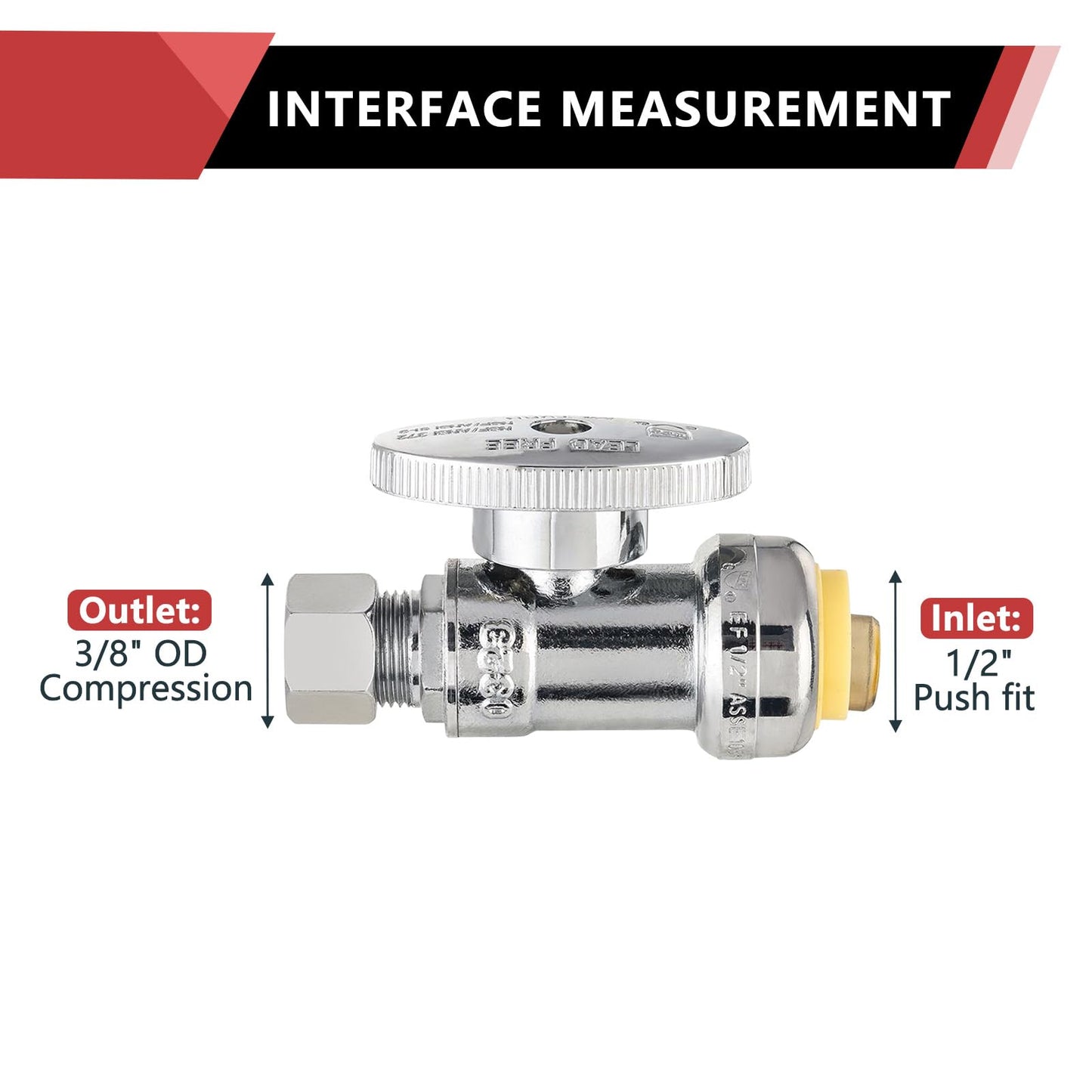 1/2" Push Connect x 3/8" OD Push Fit Straight Stop Valve, 1/4 Turn (Lead Free)