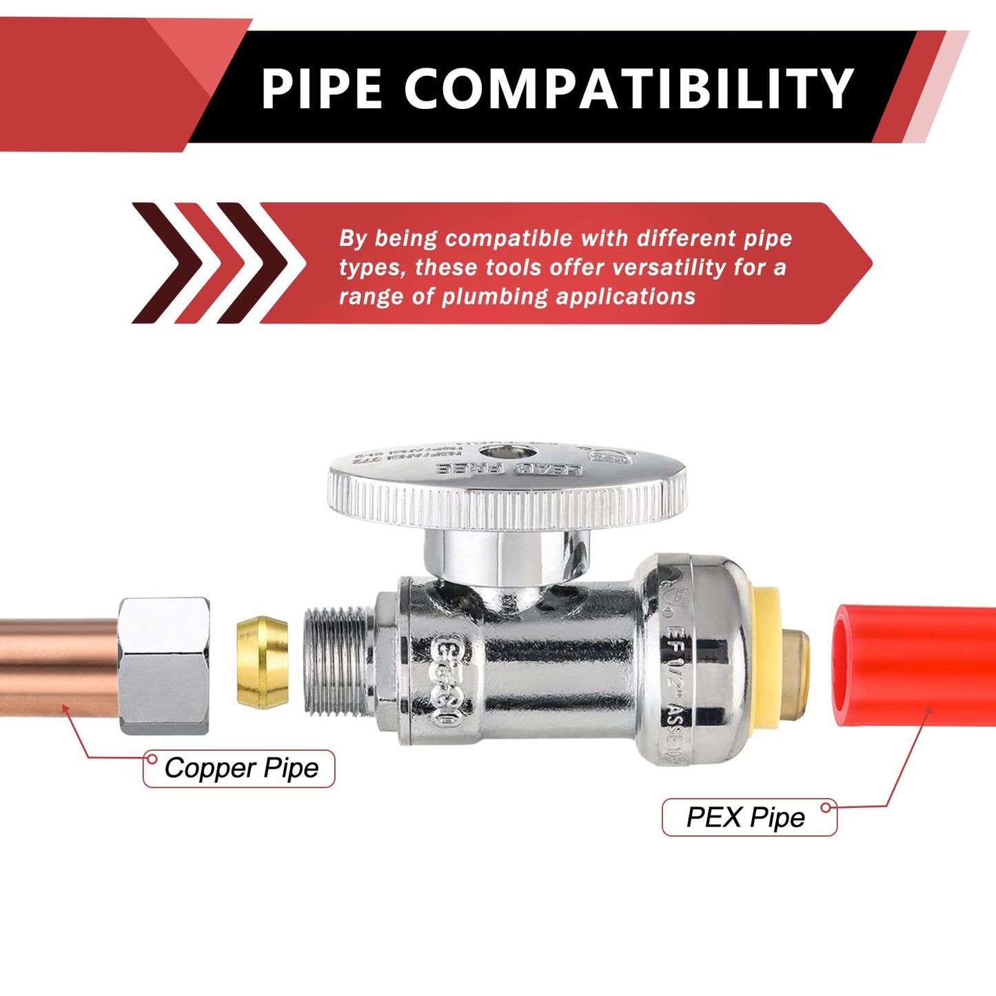 1/2" Push Connect x 3/8" OD Push Fit Straight Stop Valve, 1/4 Turn (Lead Free)