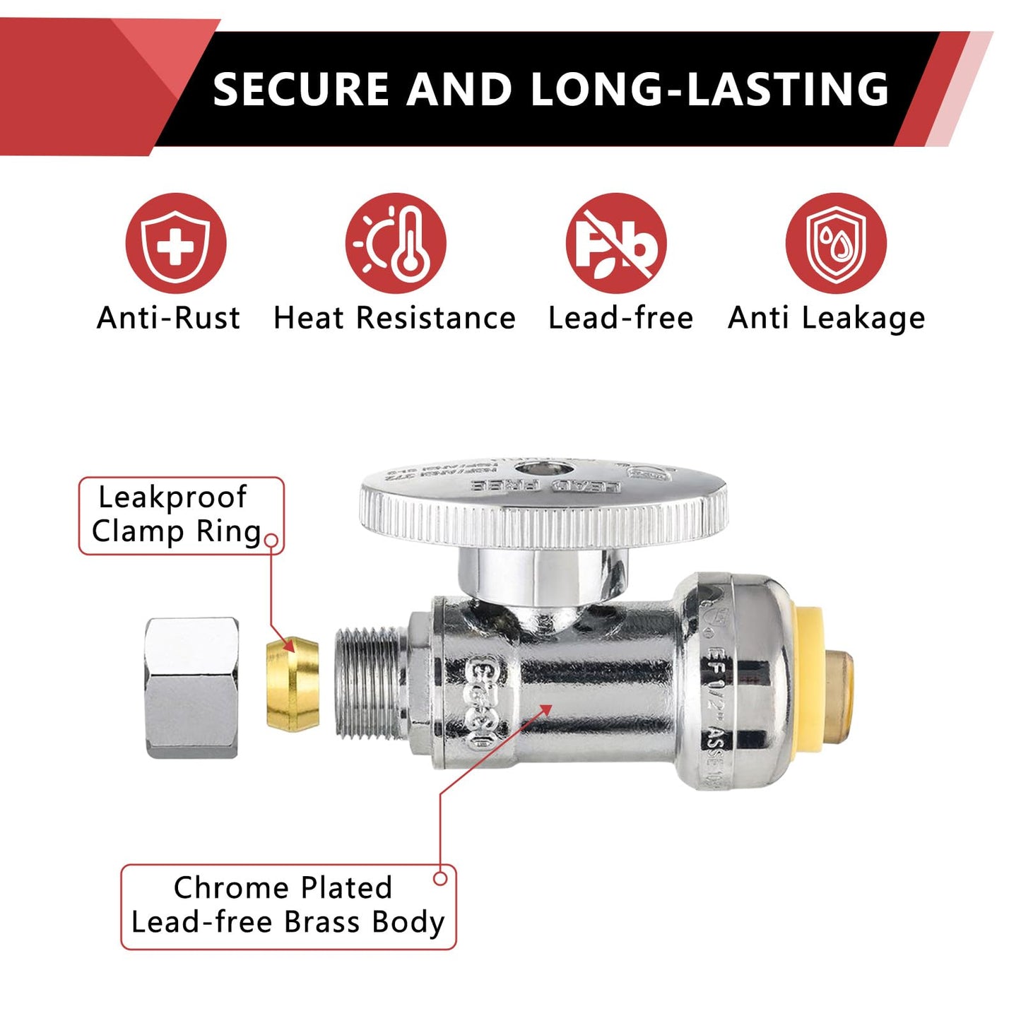1/2" Push Connect x 3/8" OD Push Fit Straight Stop Valve, 1/4 Turn (Lead Free)