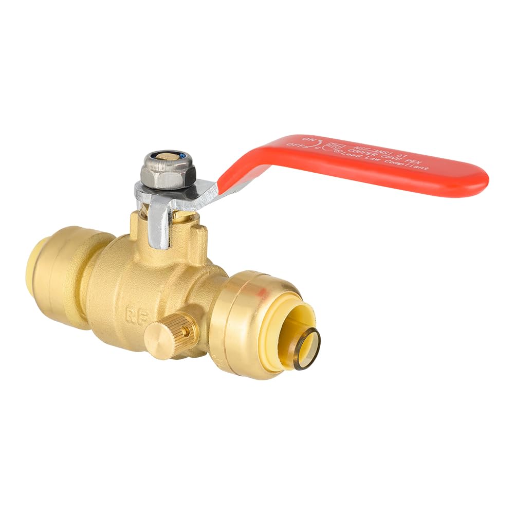 10 Pcs 1/2" Push Fit Ball Valve With Drain, Red Lever (Lead Free)