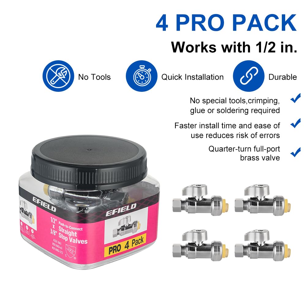 10 Pcs 1/2" Push Connect x 3/8" Compr. Straight Stop Valve, New Handle, 1/4 Turn (Lead Free)