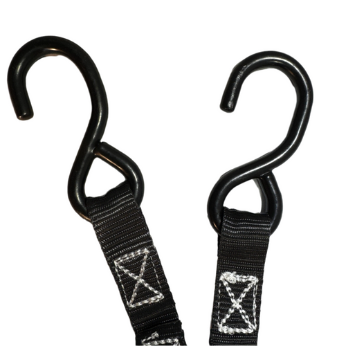 1" Black Ratchet Strap w/Vinyl S Hook LENGTH OPTIONS | FOUR PACK RatchetStrap.Com