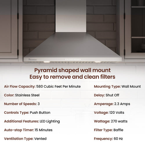 Rangaire 30" Wall-Mounted Range Hood 580 CFM Convertible  Stainless Steel  RHWMP30S Rangaire Appliances