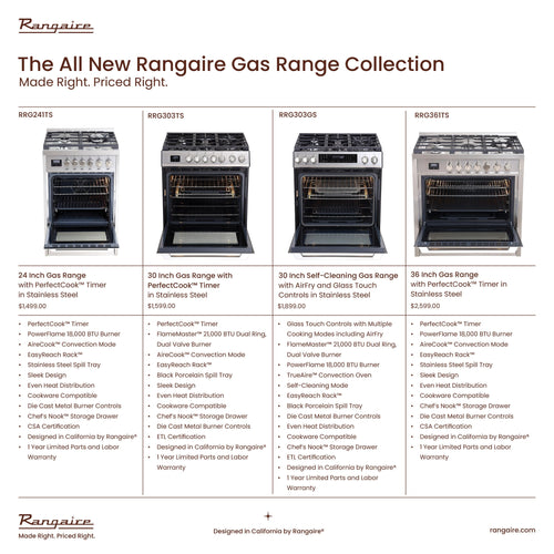 Rangaire 24" Gas Range Convection Oven Freestanding Stainless Steel RRG241TS Rangaire Appliances