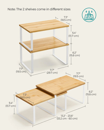 SONGMICS Cabinet Organizer Shelf, Set of 2 Kitchen Counter Shelves, Kitchen Storage, Spice Rack, Stackable, Expandable