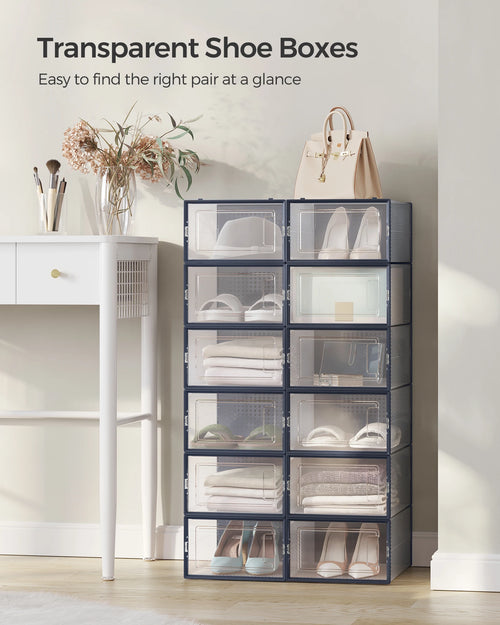 SONGMICS Shoe Boxes,Pack of 12 Shoe Storage Organizers,Stackable Clear Plastic Boxes for Closet,Sneakers,9.1 x 13.1 x 5.6 Inches