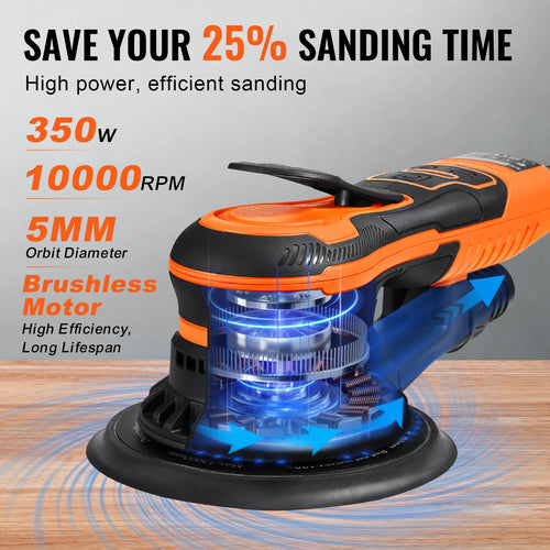 VEVOR Random Orbital Sander 350W Brushless 10000 PRM 6 Variable Speed Electric Orbital Sander for Woodworking Detailing Sanding
