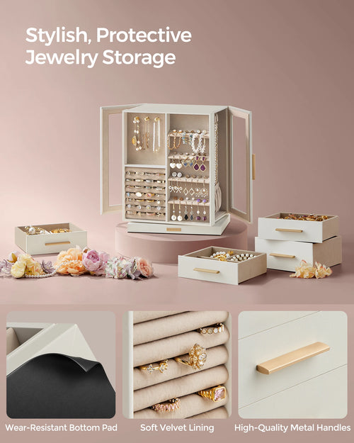 SONGMICS Jewelry Box 360° Rotating, Jewelry Storage Case with 5 Drawers, Jewelry Organizer, Glass Window, Spacious