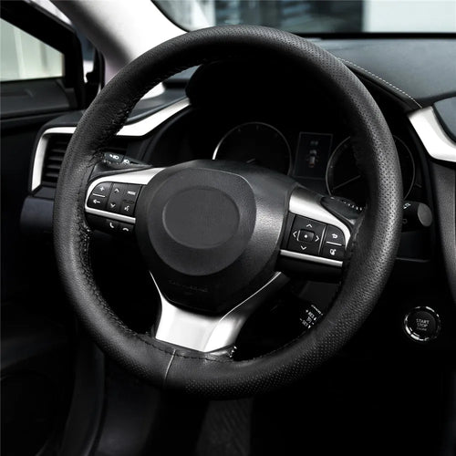 14.5" to 15" Steering Wheel Cover with Needle Thread DIY Hand Stitching Genuine Cowhide Leather Punched Breathable Car Styling