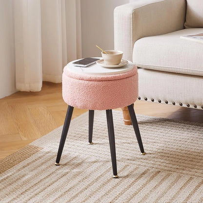 Vanity Stool, Pink Vanity Chair with Storage, Foot Stools Ottoman Small, Soft Faux Teddy Fur Stool with 4 Metal Legs