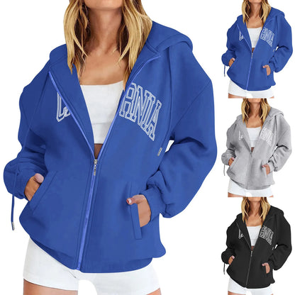 Womens Oversized Zip Up Letter Print Hoodies Sweatshirts Clothes Teen Girl Fall Casual Hoodies Zip Up hoodies Bluza Damska