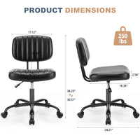 JHK Armless Office Desk Chair Back Lumbar Support Height Adjustable PU Leather Computer Chair with 360° Swivel Rolling Wheels
