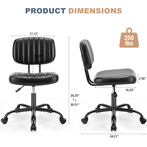 JHK Armless Office Desk Chair Back Lumbar Support Height Adjustable PU Leather Computer Chair with 360° Swivel Rolling Wheels