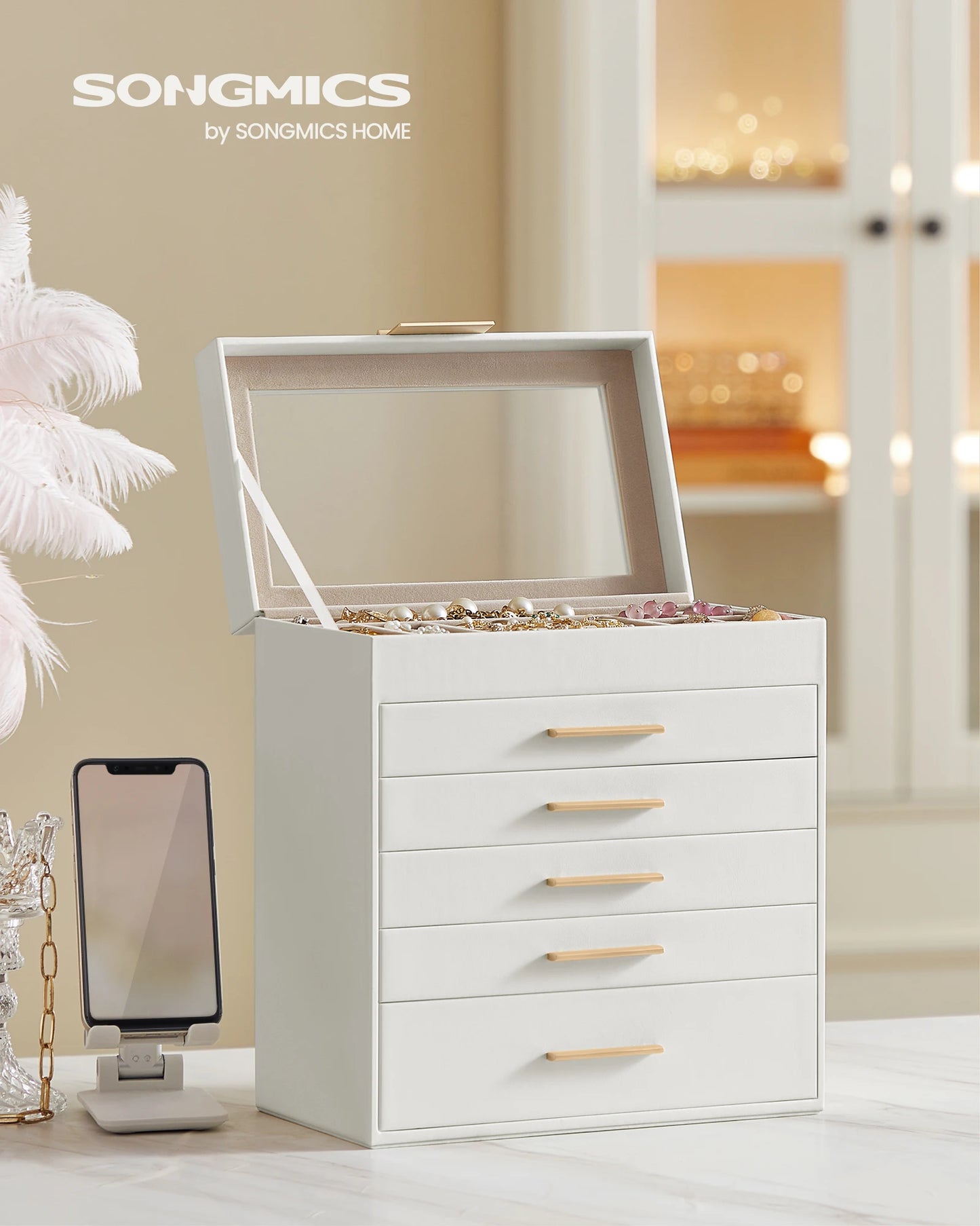 SONGMICS Jewelry Box with Glass Lid, 6-Layer Jewelry Organizer, 5 Drawers, for Sunglasses, Big Jewelry, Jewelry Storage