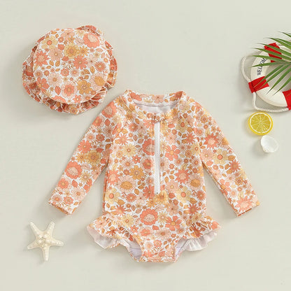 Lioraitiin Summer Toddler Baby Girl Swimsuit Flower Set Long Sleeve Front Zipper Swimsuit + Bow Swimming Cap Bathing Suit Wear