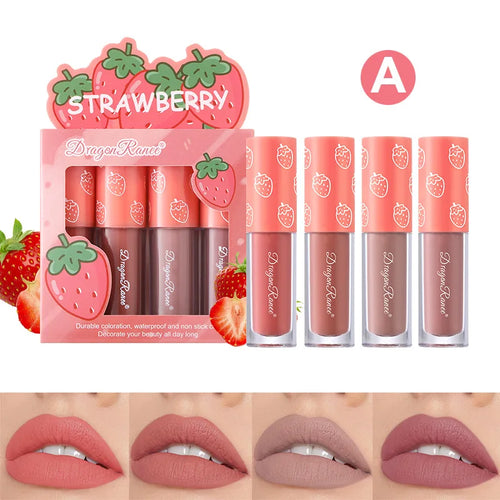 Mini Velvet Matte Lip Gloss Set, 4-Piece Non-Fading, Non-Stick Cup, Long-Lasting Fruit Scented Lip Tint, Smooth and Lightweight