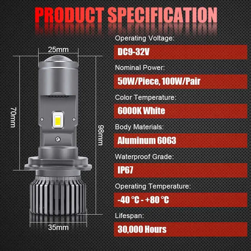 100W 50000LM H4 LED Projector Car Motorcycle Headlight Bi LED Mini Lens Projector H4 Mini Projector Lens Headlamp LHD RHD 12V