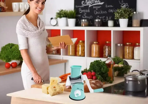 Woman using a manual rotary vegetable slicer in a vibrant kitchen filled with fresh vegetables and cheese.