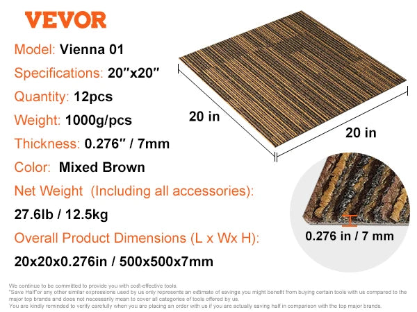 VEVOR Carpet Tiles Reusable, 24"x 24"Carpet Squares With Padding Attached, Soft Padded Carpet Tiles, Easy Install DIY for Bedroo