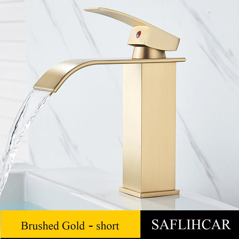 Bathroom Black Waterfall Basin Sink Faucet Brass Cold Hot Water Mixer Vanity Tap Deck Mounted Washbasin Tap