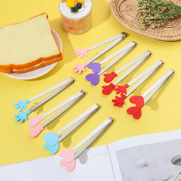 Creative Silicone Stainless Steel Mini Snack Food Tongs Non-slip Handles BBQ Bread Ice Cube Clip Kitchen Accessories BBQ
