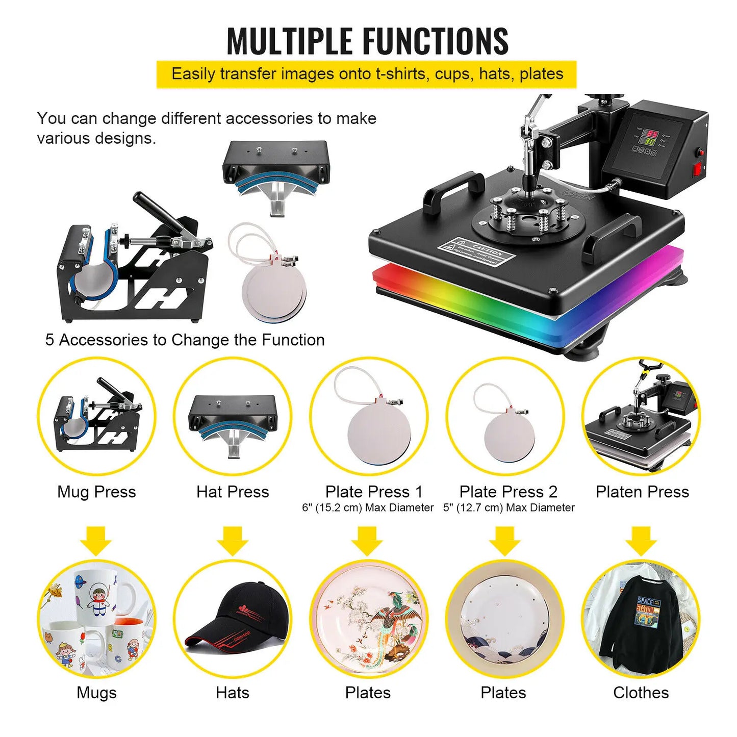 VEVOR Combo Heat Press Machine 5/6/8 in 1 30*38CM 38*38CM Muntifunctional Sublimation Printer Transfer for Mug Hat Plate T-Shirt