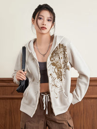 Women Hoodie Vintage Long Sleeve Graphic Print Zipper Closure Sweatshirt with Pockets