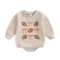 Infant Girl Football Print Long Sleeve Bubble Romper with Crew Neck and Bow Detail - Adorable Newborn Bodysuit for Game Day