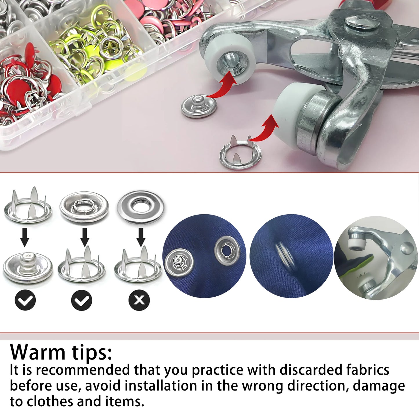 200 Sets Snap Fasteners Kit Tool, Metal Snap Buttons Rings with Fastener Pliers Press Tool Kit for for Sewing and Crafting 10 Co