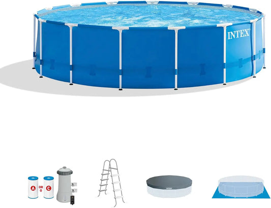28241EH Metal Frame Above Ground Swimming Pool Set: 15ft x 48in – Includes 1000 GPH Cartridge Filter Pump – Removable