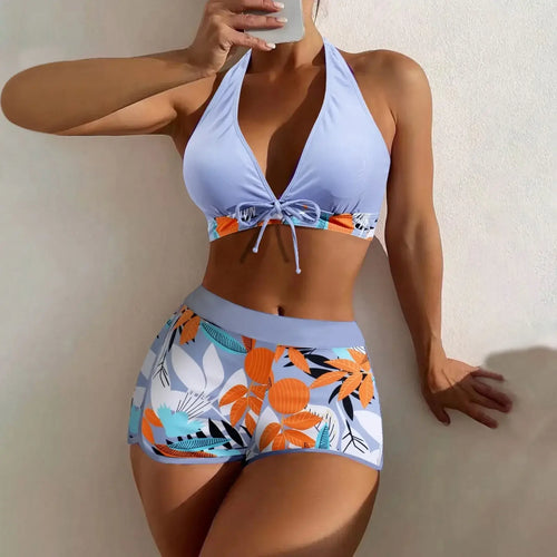 Shorts Bikinis Set  High Waist Swimsuit Women Swimwear 2 Pieces Plant Print Bathers Bathing Swim Suit Beachwear