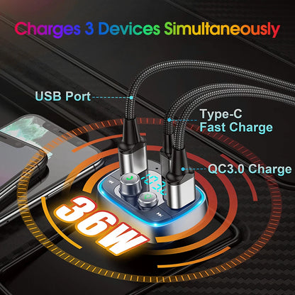 Bluetooth Car Adapter  AUX Wireless FM Radio Transmitter, Handsfree Calling MP3 Music Player, QC3.0 & Type-C PD USB Car Charger