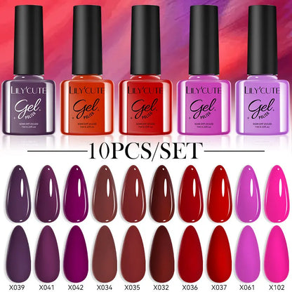 LILYCUTE 10PCS/Set Набір гель-лаків для нігтів Рожевий фіолетовий гель для нігтів Напівперманентний УФ світлодіодний лак Nail Art Design Soak Off Набір гелів для нігтів