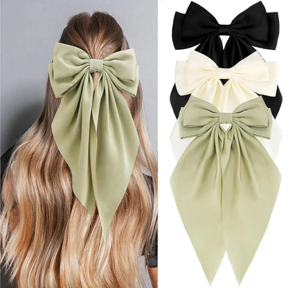 Hair Bows for Women Girls 3Pcs White Pink Black Silky Satin Large Bows Hair Clip Oversized Hair Ribbons Long Tail Big Hair Bows