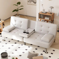 Folding Futon Sofa Bed Sleeper Couch for Living Room Faux Leather Upholstered Loveseat w/Removable Armrests, Metal Legs