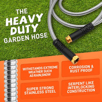 Garden Hose Stainless Steel Water Hose with 10 Functions Adjustable Spray Nozzle Heavy-Duty Metal Garden Hose for Yard Lawn