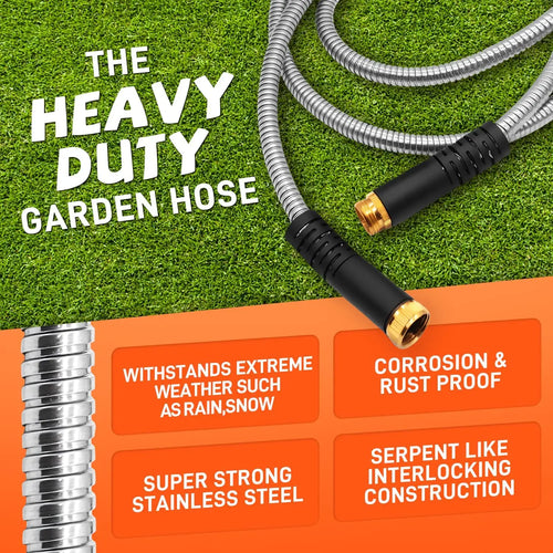 Garden Hose Stainless Steel Water Hose with 10 Functions Adjustable Spray Nozzle Heavy-Duty Metal Garden Hose for Yard Lawn
