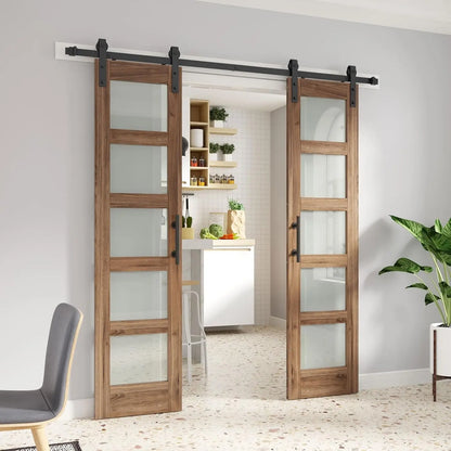 Double Glass Barn Door with Sliding Hardware Kit, 5-Panel Frosted Glass, Waterproof Surface, Ideal for Home or Office Use