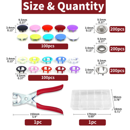 200 Sets Snap Fasteners Kit Tool, Metal Snap Buttons Rings with Fastener Pliers Press Tool Kit for for Sewing and Crafting 10 Co