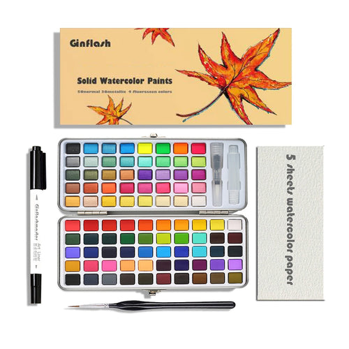 50/90 Color Solid Watercolor Paint Set Glitter Portable Metal Box Watercolor Pigment squirrel hair brush nail art