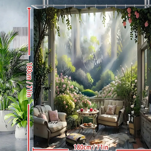 Romantic Pink Flower Shower Curtain - Water-Repellent & Durable Polyester, Lush Woven Weave Design, Complete with Hooks,