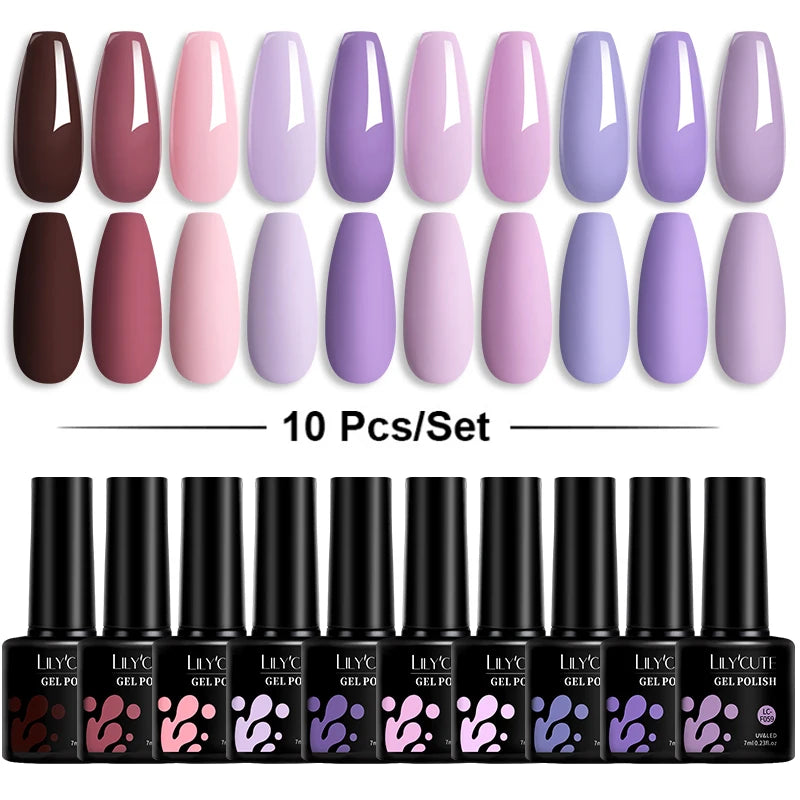 LILYCUTE 10PCS/Set Набір гель-лаків для нігтів Рожевий фіолетовий гель для нігтів Напівперманентний УФ світлодіодний лак Nail Art Design Soak Off Набір гелів для нігтів