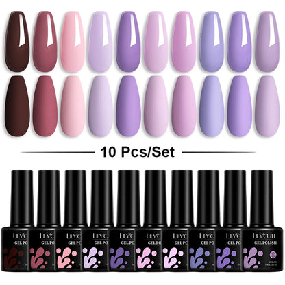 LILYCUTE 10PCS/Set Набір гель-лаків для нігтів Рожевий фіолетовий гель для нігтів Напівперманентний УФ світлодіодний лак Nail Art Design Soak Off Набір гелів для нігтів