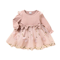 2022-10-11 Lioraitiin 0-3Years Toddler Girl Autumn Sweet Dress Long Sleeve Round Neck Flower Patchwork A-Line Dress with Bow