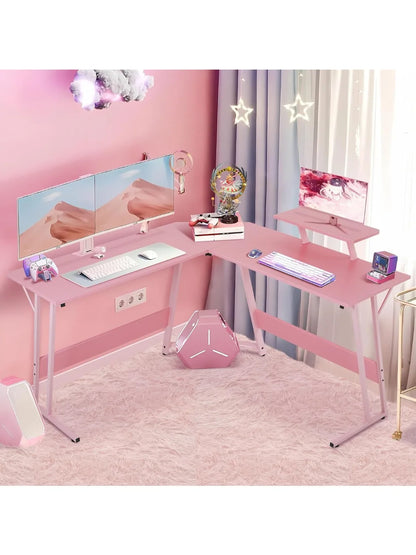Table with Monitor Stand Corner Desk with MDF Board Surface, Home Office Desk for Girl Women Gift for Gaming Working Study