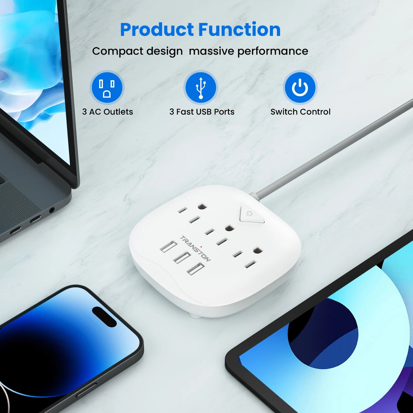 TRANSTONpower strip with switch, 3power strip  , 3 USB Ports, 5ft Extension Cord, Quick Charge, Fire Resistant, For Home and off