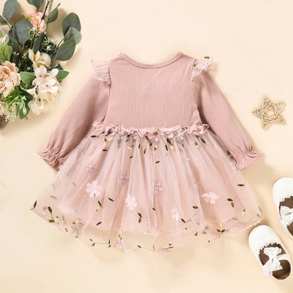 2022-10-11 Lioraitiin 0-3Years Toddler Girl Autumn Sweet Dress Long Sleeve Round Neck Flower Patchwork A-Line Dress with Bow