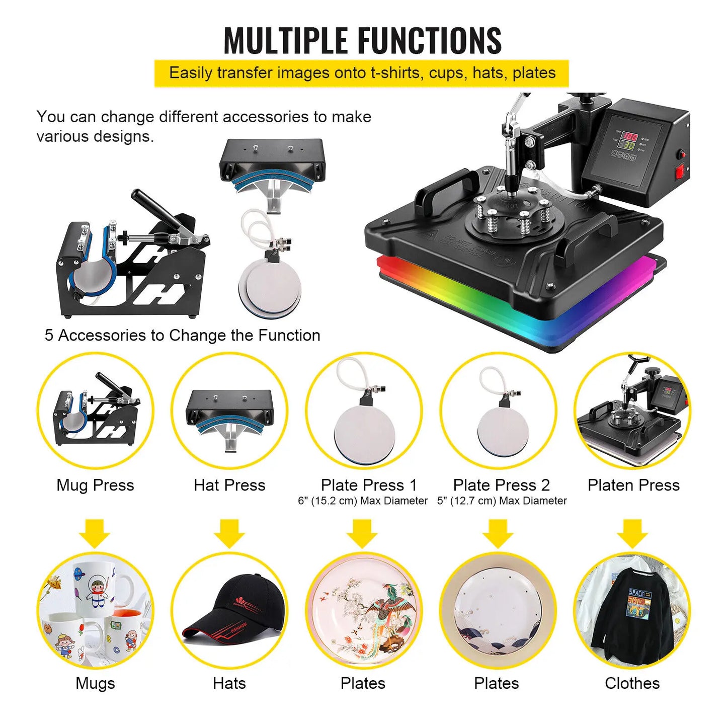 VEVOR Combo Heat Press Machine 5/6/8 in 1 30*38CM 38*38CM Muntifunctional Sublimation Printer Transfer for Mug Hat Plate T-Shirt